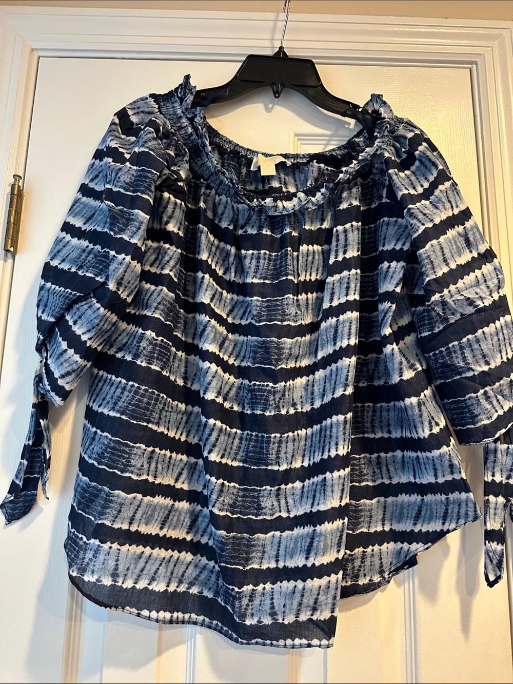 Michael Kors Navy and White Tie-Dye Peasant Blouse